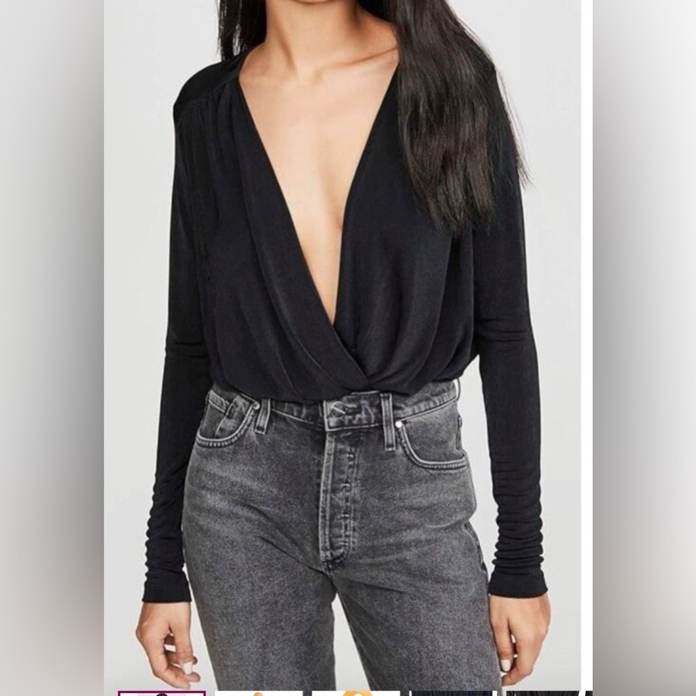Free People Black Deep V Long Sleeve Thong Bodysuit | Wrap Front | Minimal Luxe